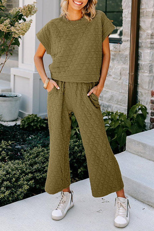 Sage Green Quilted Co-ord Set with Short Sleeve Top and Wide Leg Pants
