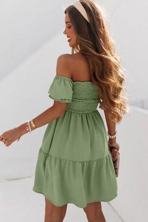 Elegant Off Shoulder Shirred Flared Short Dress-Short Dresses-Très Elite-Green-S-Polyester-Très Elite