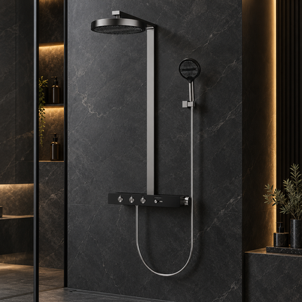 Luxury Concealed Thermostatic Shower System Set with Brass Rainfall Head & Gold Finish