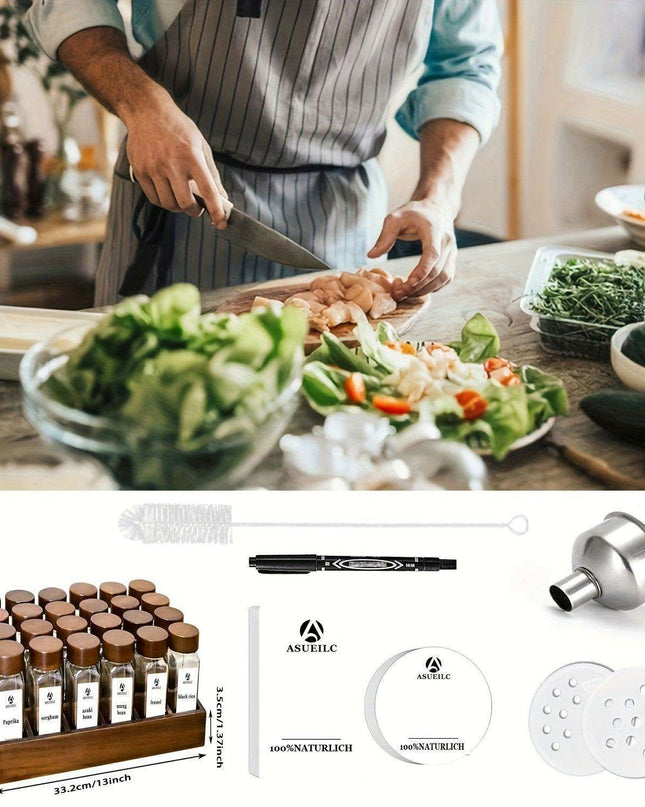 Elegant Acacia Wood Spice Jar Collection with Glass Containers - Includes Shaker Lids, Waterproof Labels, Funnel & Brush - Perfect for Home and Restaurant Use (12/24 Pieces)