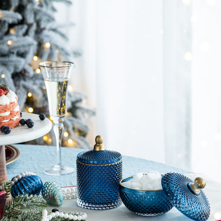 Room & Decor S2 Blue Gold Glass Candy Jar with Lid - Christmas Decor