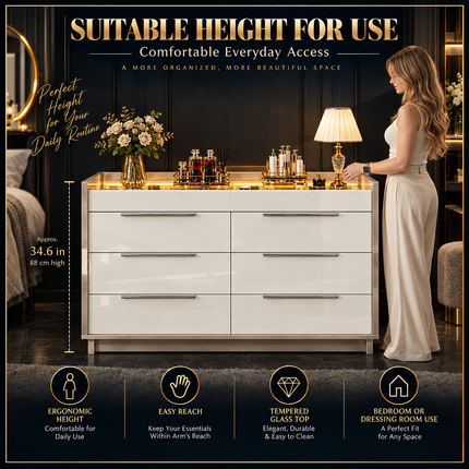47.2" 8 Drawer Dresser with LED Light, Modern High Gloss Chest of Draw Dressers 47-2-8-drawer-dresser-with-led-light-modern-high-gloss-chest-of-drawers-with-glass-tabletop-2-six-grid-jewelry-drawers-for