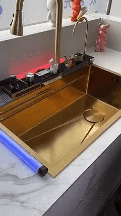 Gold Kitchen Workstation Sink, Waterfall Faucet, Undermount De