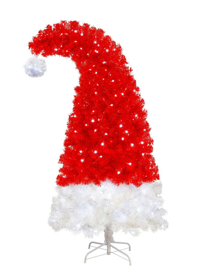 6FT Artificial Christmas Tree With LED Light, Santa's Hat Shape Artificial Whimsical Xmas Tree With 1050 Tip, Curved Xmax Tree