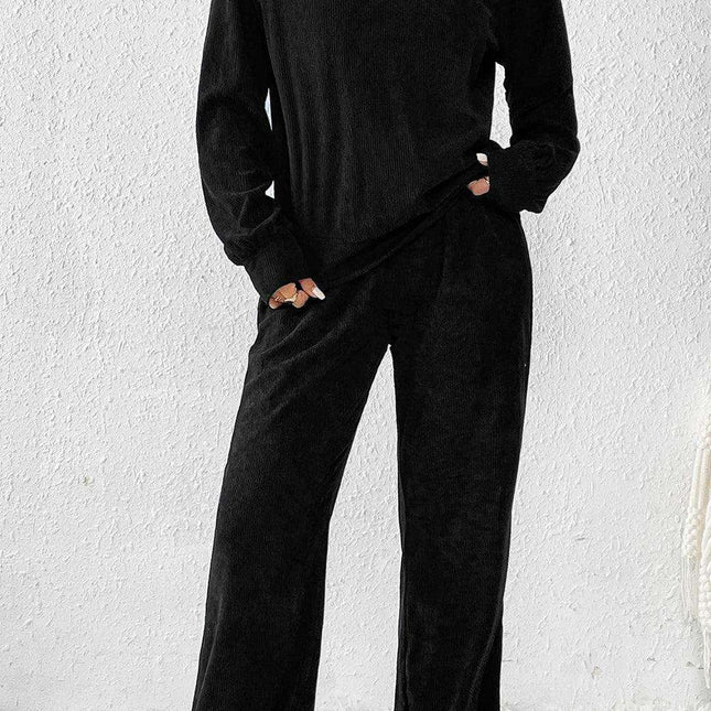 Elegant Black Corduroy High Neck Twin Set with Flared Trousers