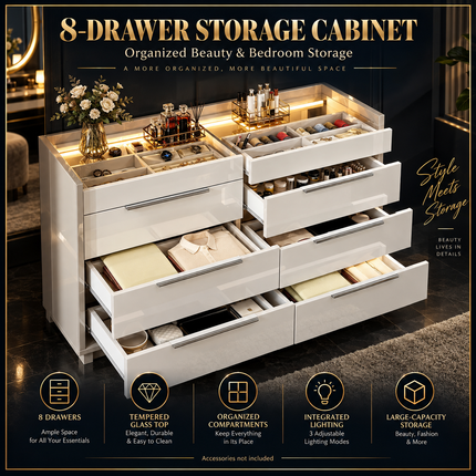 47.2" 8 Drawer Dresser with LED Light, Modern High Gloss Chest of Draw Dressers 47-2-8-drawer-dresser-with-led-light-modern-high-gloss-chest-of-drawers-with-glass-tabletop-2-six-grid-jewelry-drawers-for