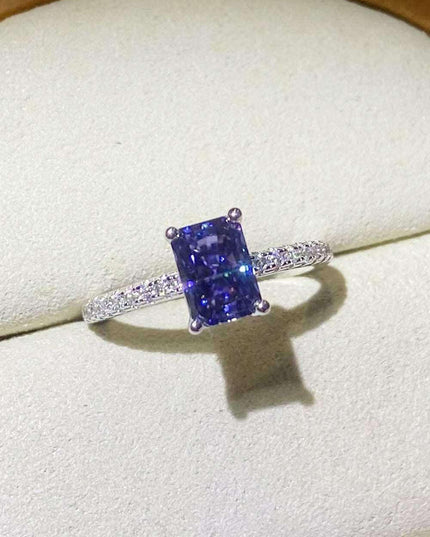Blue Sapphire Moissanite Ring with Lab Created Diamond in Sterling Silver