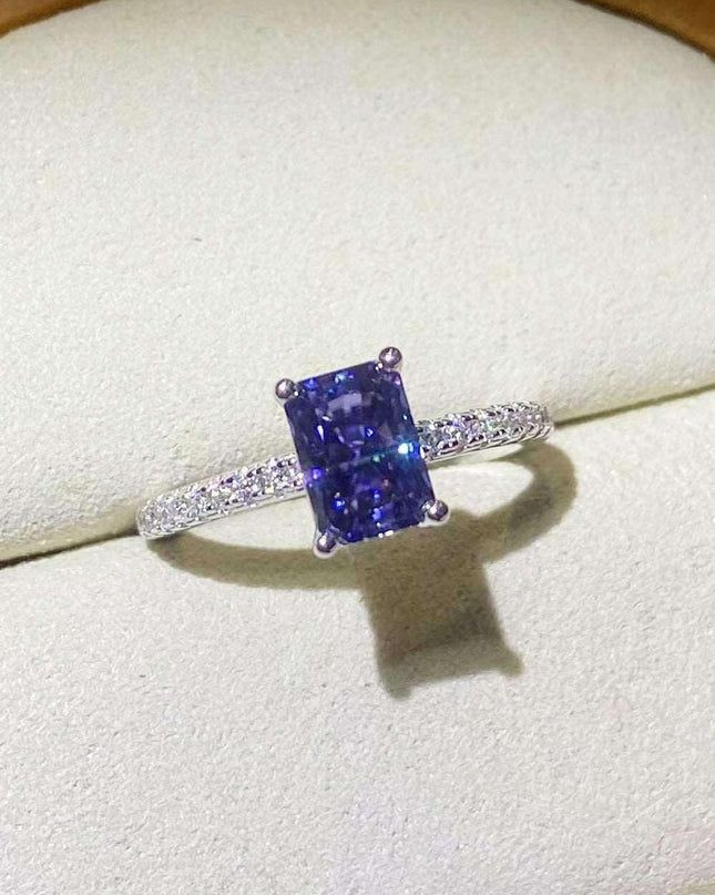 Blue Sapphire Moissanite Ring with Lab Created Diamond in Sterling Silver