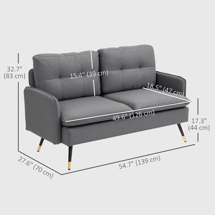 Dark Grey Button-Tufted Loveseat with Black and Gold Steel Legs, 139 cm