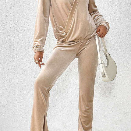 Velvet Elegance V-Neck Top and Slit Trousers Set