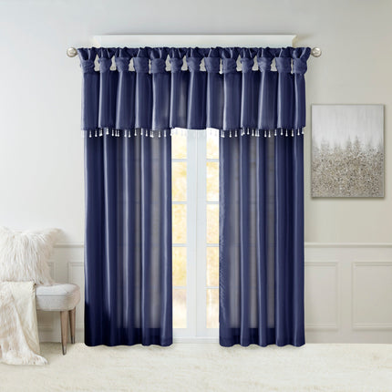 Room & Decor Lightweight Faux Silk Valance with Beads, Navy 50x26