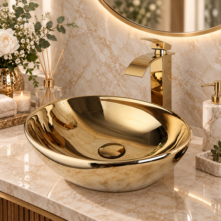 Luxury Gold Ceramic Vessel Sink - Round Above Counter Basin with Faucet