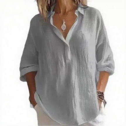 Women's Casual Long-Sleeved Lapel Pullover Shirt — Loose Fit, 3/4 Sleeve