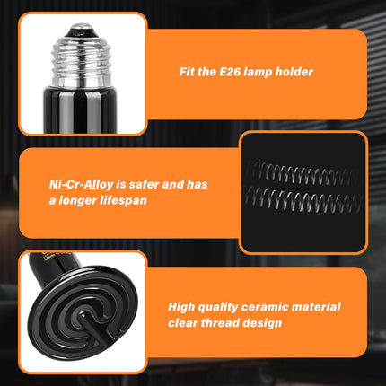 Room and Decor 75W Ceramic Heat Emitter, No Light, 2 Pack for Reptiles
