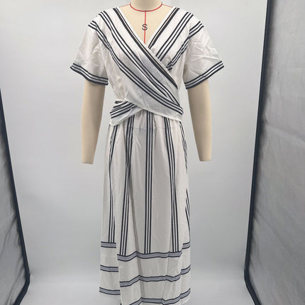 Peekaboo Studio Women's Boho Striped V Neck Pleated A-Line Dress