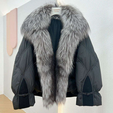 Elegant White Down Puffer Coat with Luxurious Silver Fox Fur Collar - Women's Winter Fashion Statement