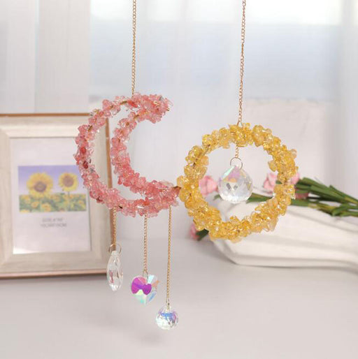 Celestial Harmony: Vibrant Crystal Moon and Sun Pendant with Dangling Beads