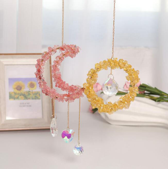 Celestial Elegance: Colorful Crystal Moon and Sun Pendant with Hanging Beads