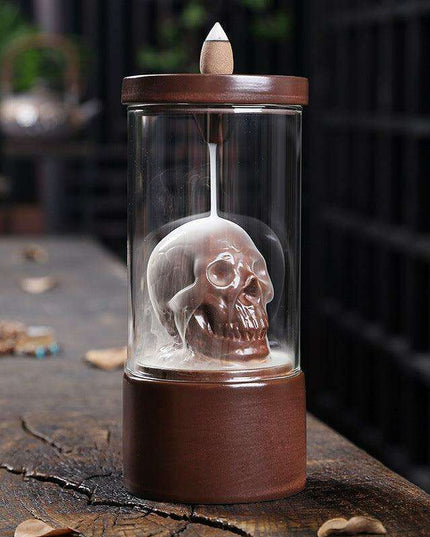 Enigmatic Skull Backflow Incense Holder with Vintage Glass Shield - Alluring Home Decor Piece