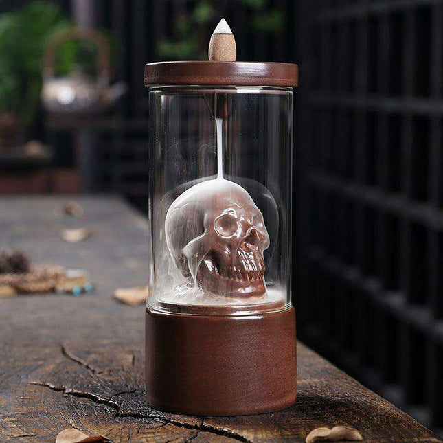 Enigmatic Skull Backflow Incense Holder with Vintage Glass Shield - Alluring Home Decor Piece
