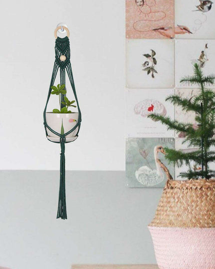 Boho-Chic Green Macrame Wall Plant Hanger with Iron Ring - Elevate Your Home Decor