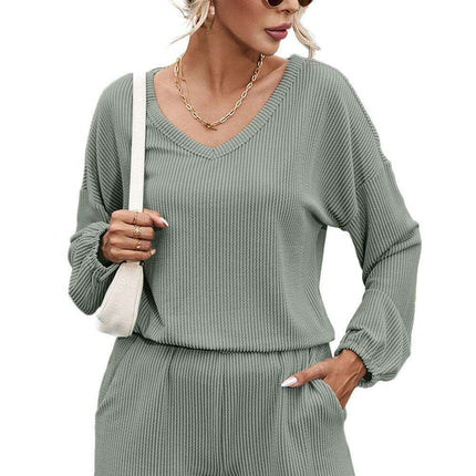 Stylish Sage Green Ribbed Lounge Set with Handy Pocketed Shorts