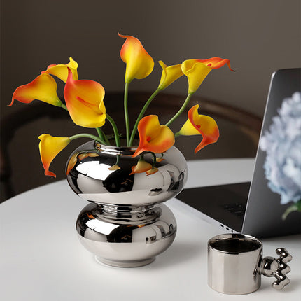 Donut Shaped Ceramic Vase Silver Plated Mirror Finish Elegant Home Decor