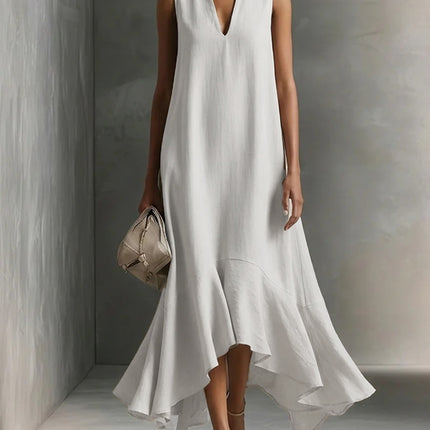Elegant Deep V-Neck Sleeveless Asymmetrical Hemline Maxi Dress