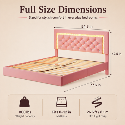 Full Floating Bed Frame with LED Lighting & Pink Diamond Headboard — No Box Spring Needed Platform Beds & Bed Frames full-floating-bed-frame-with-led-lights-pink-upholstered-diamond-headboard-no-box-spring-needed-noise-free-easy-assembly Furniture > Bedroom Furniture > Beds & Bed Frames