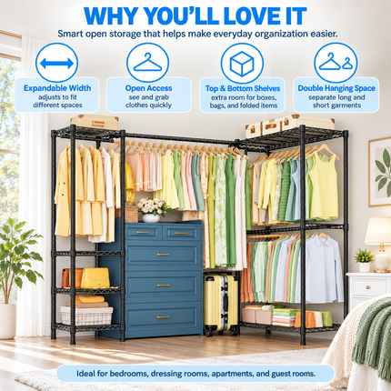 Carbon Steel Expandable Corner Clothes Rack — L-Shape & I-Shape, 58–82″W × 72″H Reach-In Closets carbon-steel-expandable-corner-clothes-rack-l-shape-i-shape Furniture > Bedroom Furniture > Wardrobes > Garment Racks