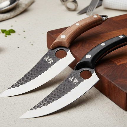 Small Scimitar Butcher Knife For Meat Deboning Walnut Handle 5Cr15MoV