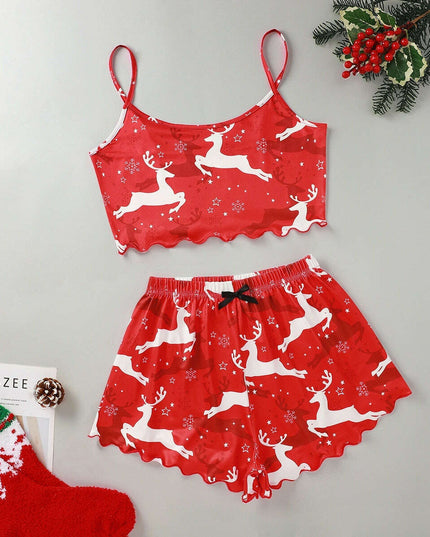 Christmas European And American Thin Pajamas Women's Sleeveless Shorts Milk Silk Simple Casual Two-piece Suit Homewear
