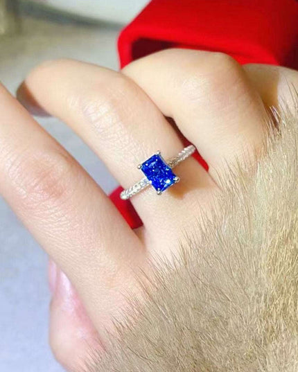 Blue Sapphire Moissanite Ring with Lab Created Diamond in Sterling Silver