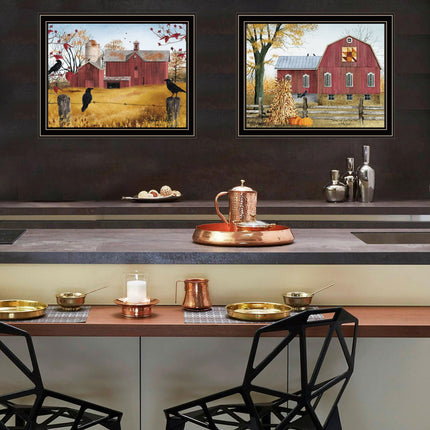Billy Jacobs 2-Piece Autumn Red Barns Wall Art Set, Black Framed Decor