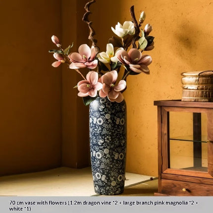 Blue And White Floor Vase Ceramic Tea Rooms Arrangement With Artificial Flowers