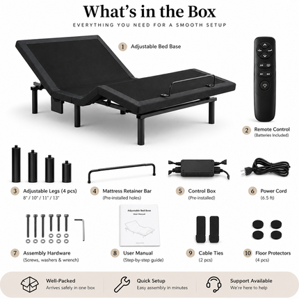 Shop1105673279 Twin XL Adjustable Bed Frame with USB Ports & LED Light Adjustable Bases twin-xl-adjustable-bed-frame-electric-base-with-head-foot-incline-usb-a-usb-c-led-light-4-leg-heights-easy-assembly Furniture > Bedroom Furniture > Beds & Bed Frames