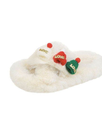 Christmas Hat Fluffy Slippers Women's Warm Toe Covering Cotton Slippers