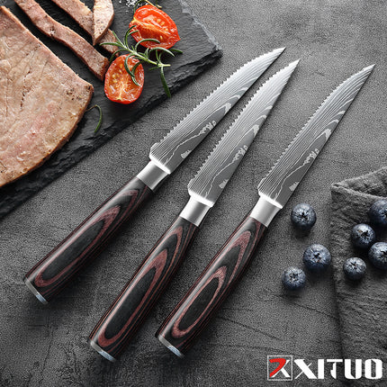 Damascus Pattern Western-Style 6-Piece Steak Knife Set — Serrated Stainless Steel Blades