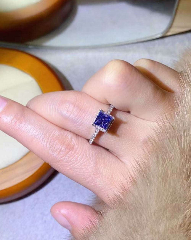 Stunning Lab Grown Sapphire & Blue Diamond Sterling Silver Ring Set - Modern Square Design
