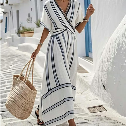 Peekaboo Studio Women's Boho Striped V Neck Pleated A-Line Dress