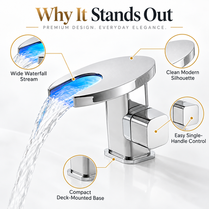 Waterfall LED Basin Faucet with Colour-Changing Temperature Display