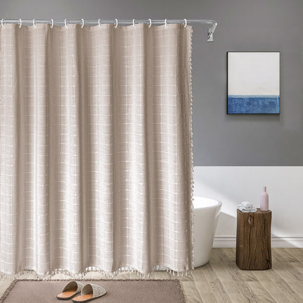 Peekaboo Studio Waterproof Tencel-Linen Checkered Tassel Shower Curtain