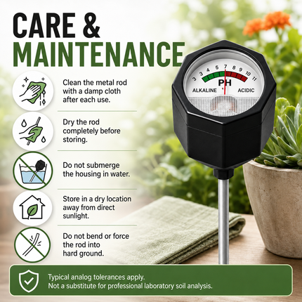 Soil pH Meter with Rod — Portable Analog Tester, Battery-Free