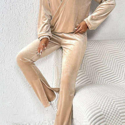 Velvet Elegance V-Neck Top and Slit Trousers Set