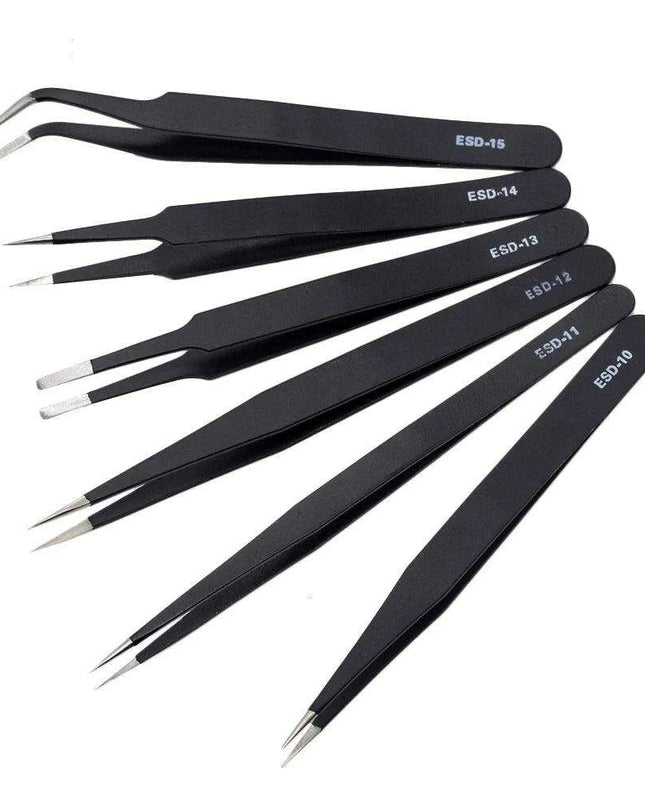 Precision ESD Stainless Steel Tweezers Set - 6 Pieces for Delicate DIY Projects