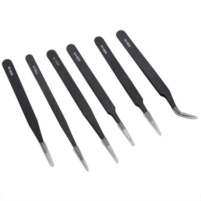 Precision ESD Stainless Steel Tweezers Set - 6 Pieces for Delicate DIY Projects