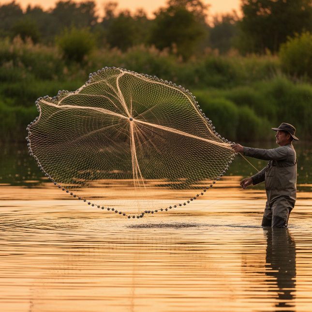 Rubber Mesh Hand Cast Fishing Net — Large Disc, Easy Throw, Orange & White