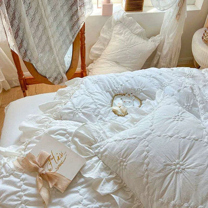 100% Cotton Ruffle Korean Princess Solid White Bedding Sets - Très Elite