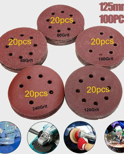 125mm Premium Sanding Discs Set - 100 Assorted Grits with 8-Hole Design for Polishing and Buffing