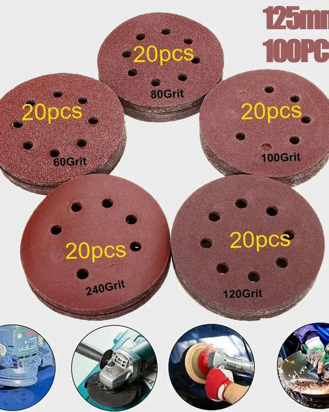 125mm Premium Sanding Discs Set - 100 Assorted Grits with 8-Hole Design for Polishing and Buffing